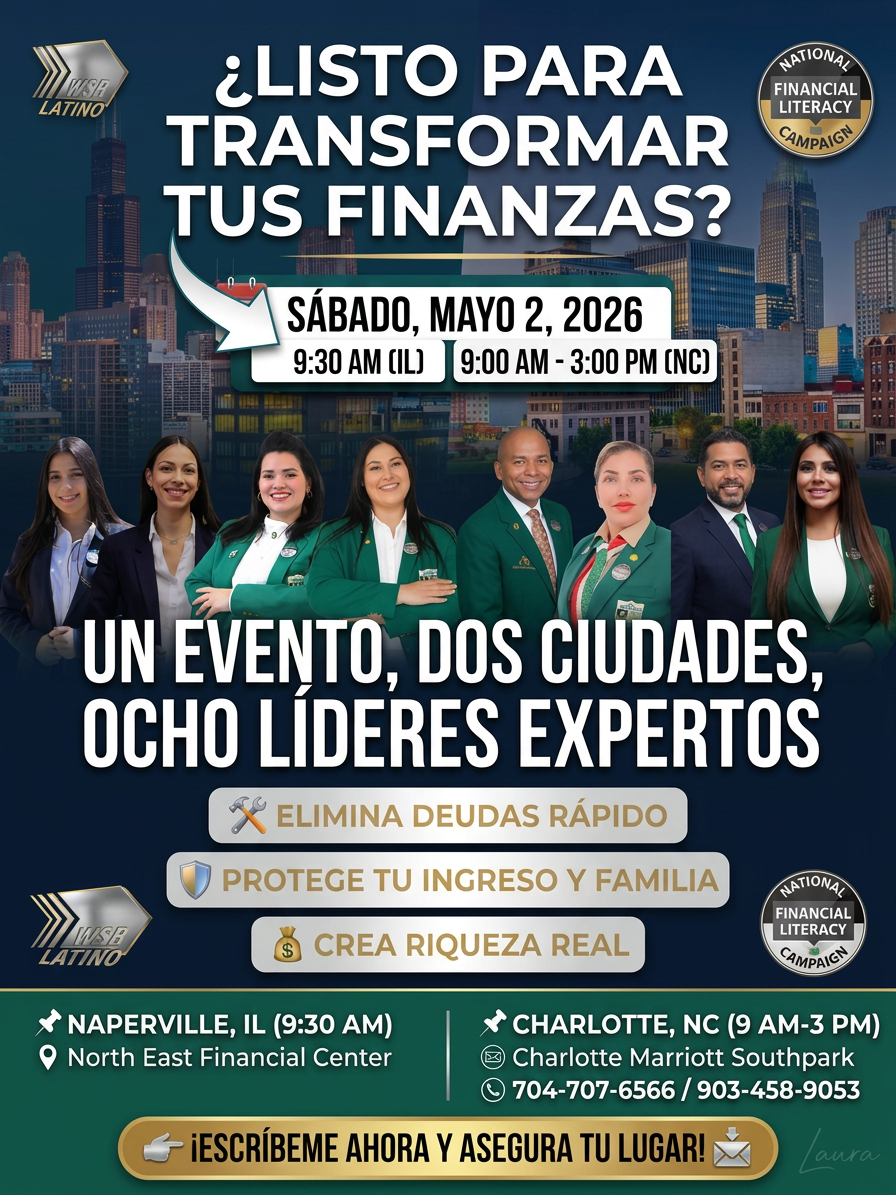 Flyer de evento de educación financiera 2026 para aprender a eliminar deudas, proteger ingresos y crear riqueza en Naperville y Charlotte.