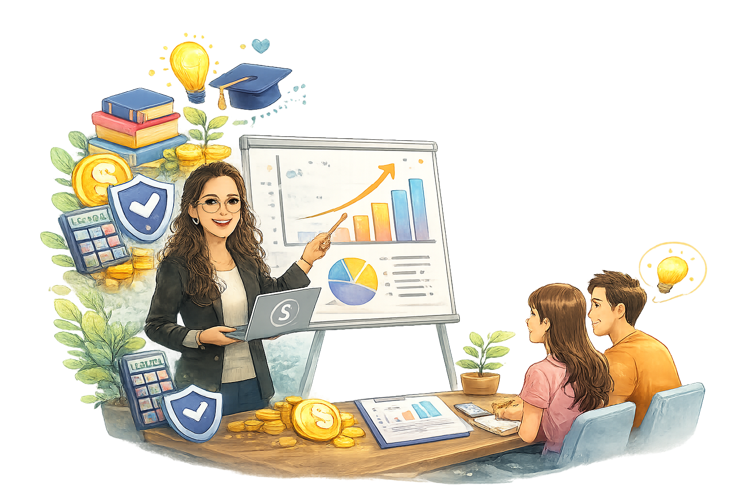 Imagen de asesora financiera guiando a una persona o familia con enfoque en educación financiera, planificación personalizada y acompañamiento continuo.